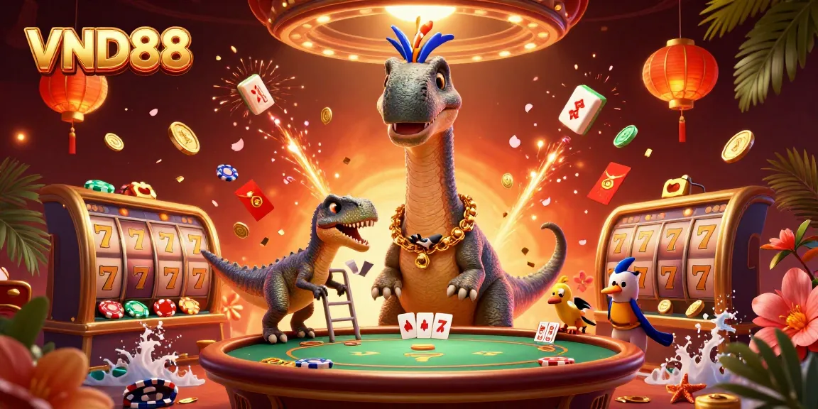 Interact with exciting VND88 games while a brontosaurus oversees playful poker action.