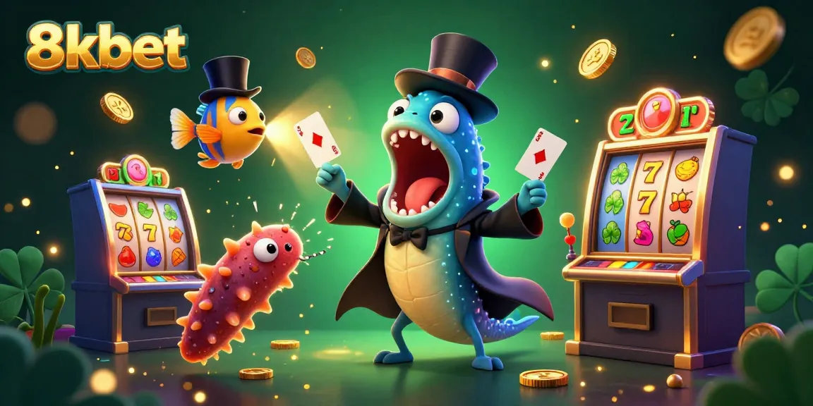 Engage in thrilling slot games at 8kbet with vibrant characters performing magic tricks and dynamic casino elements.